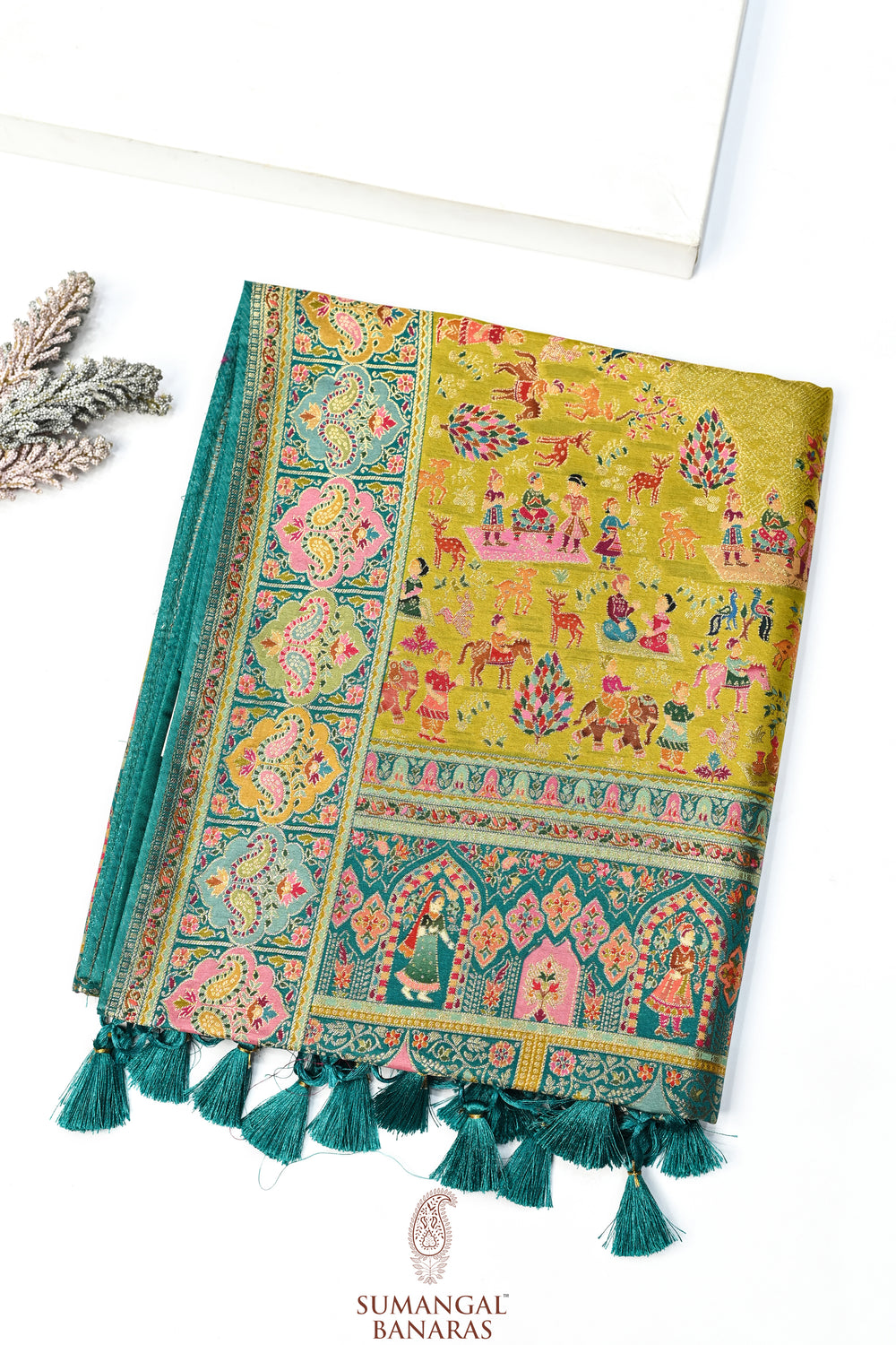 Mustard Yellow Kalamkari Moonga Silk Blended Saree