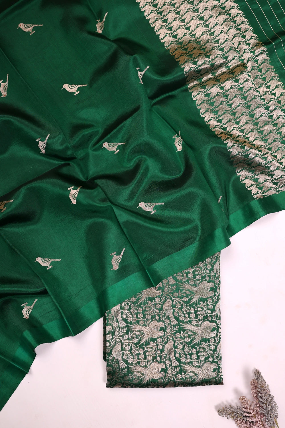 Handwoven Dark Green Motif Banarasi Katan Silk Suit