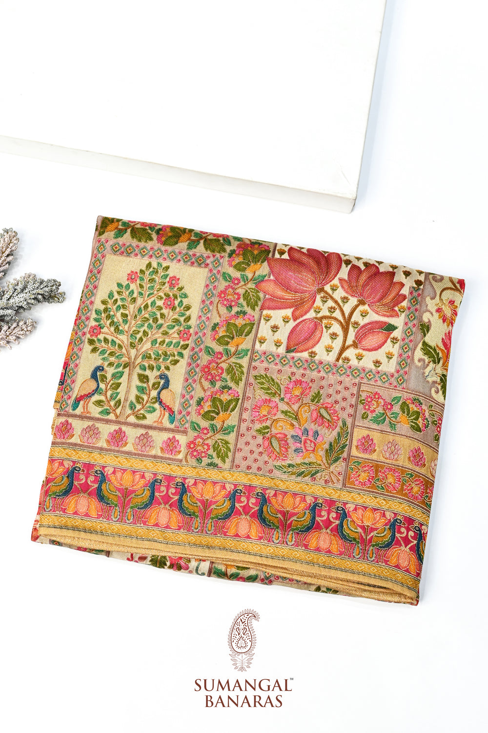 Cream Kalamkari Moonga Silk Blended Saree