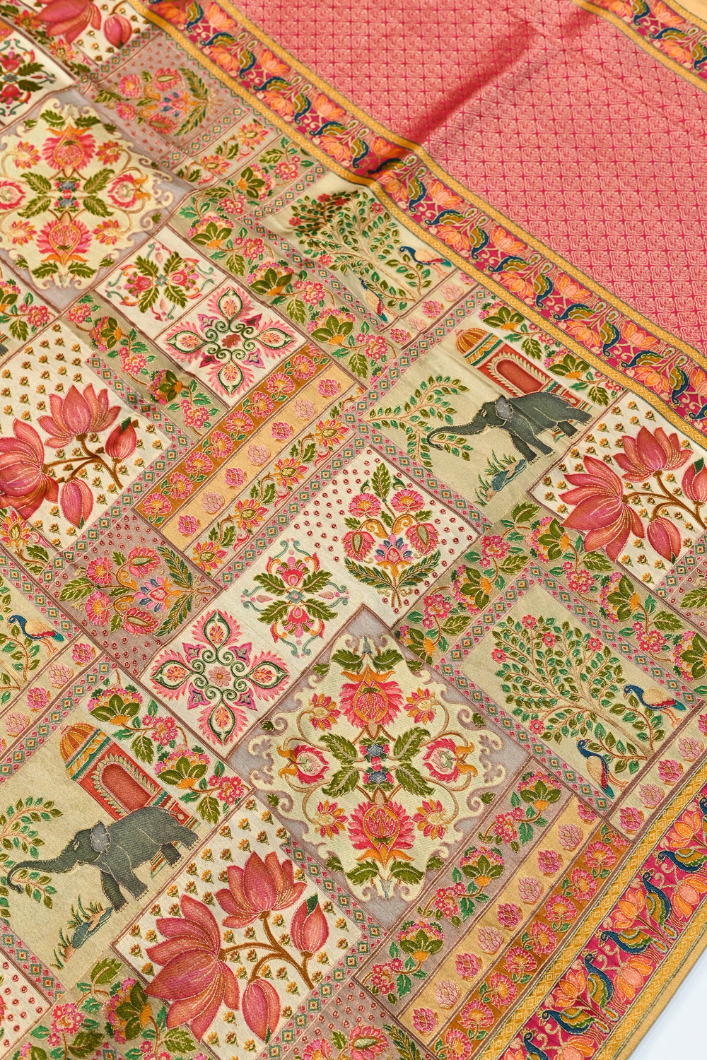 Cream Kalamkari Moonga Silk Blended Saree
