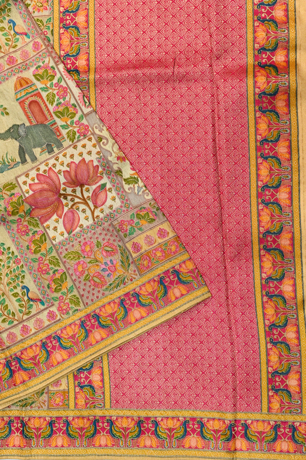 Cream Kalamkari Moonga Silk Blended Saree