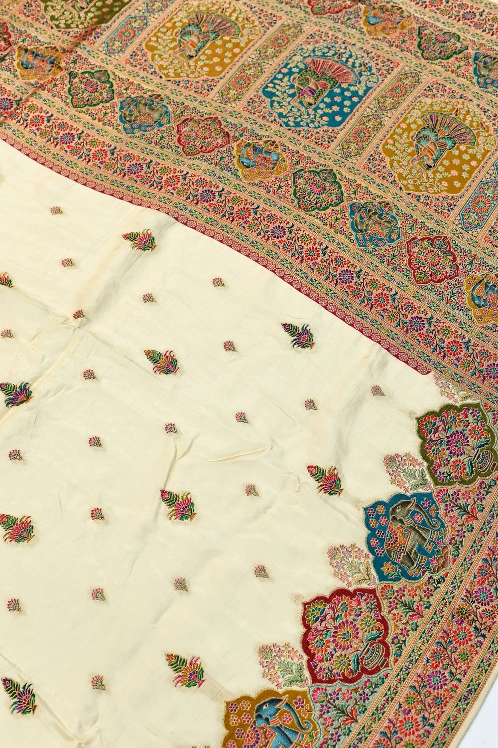 Cream Kalamkari Moonga Silk Blended Saree