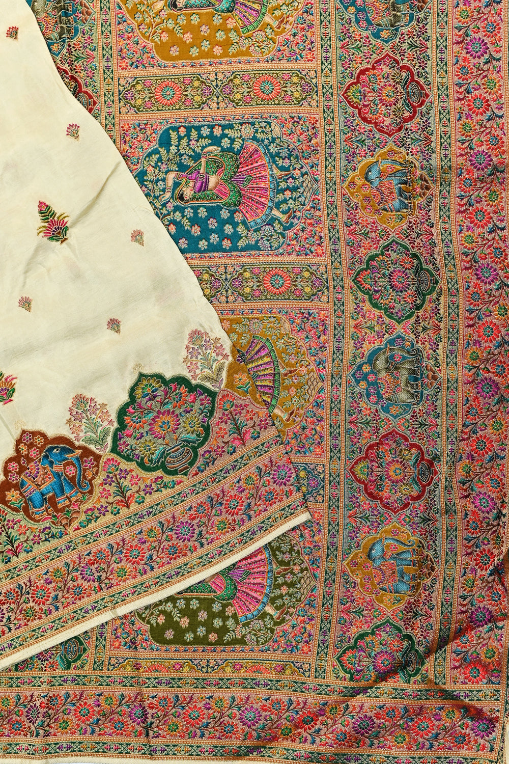 Cream Kalamkari Moonga Silk Blended Saree
