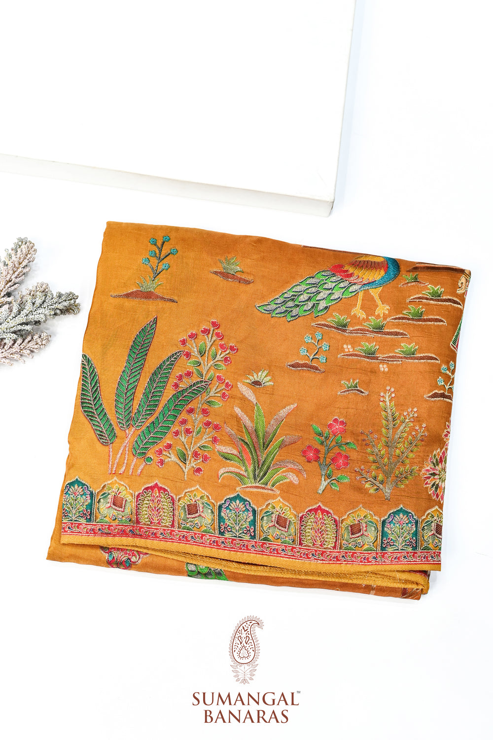 Mustard Yellow Kalamkari Moonga Silk Blended Saree