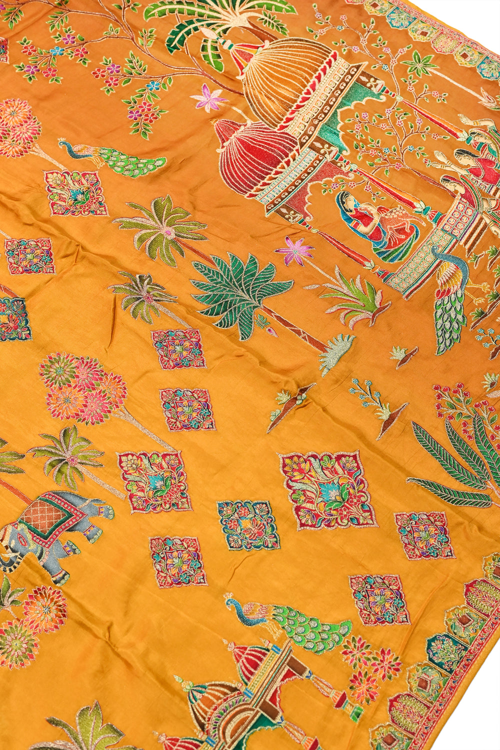 Mustard Yellow Kalamkari Moonga Silk Blended Saree