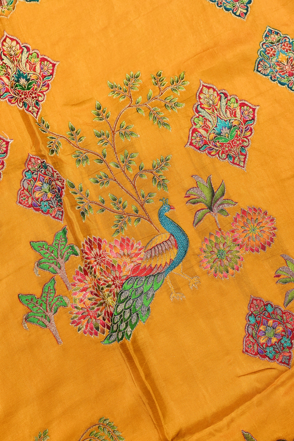 Mustard Yellow Kalamkari Moonga Silk Blended Saree