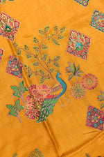 Mustard Yellow Kalamkari Moonga Silk Blended Saree
