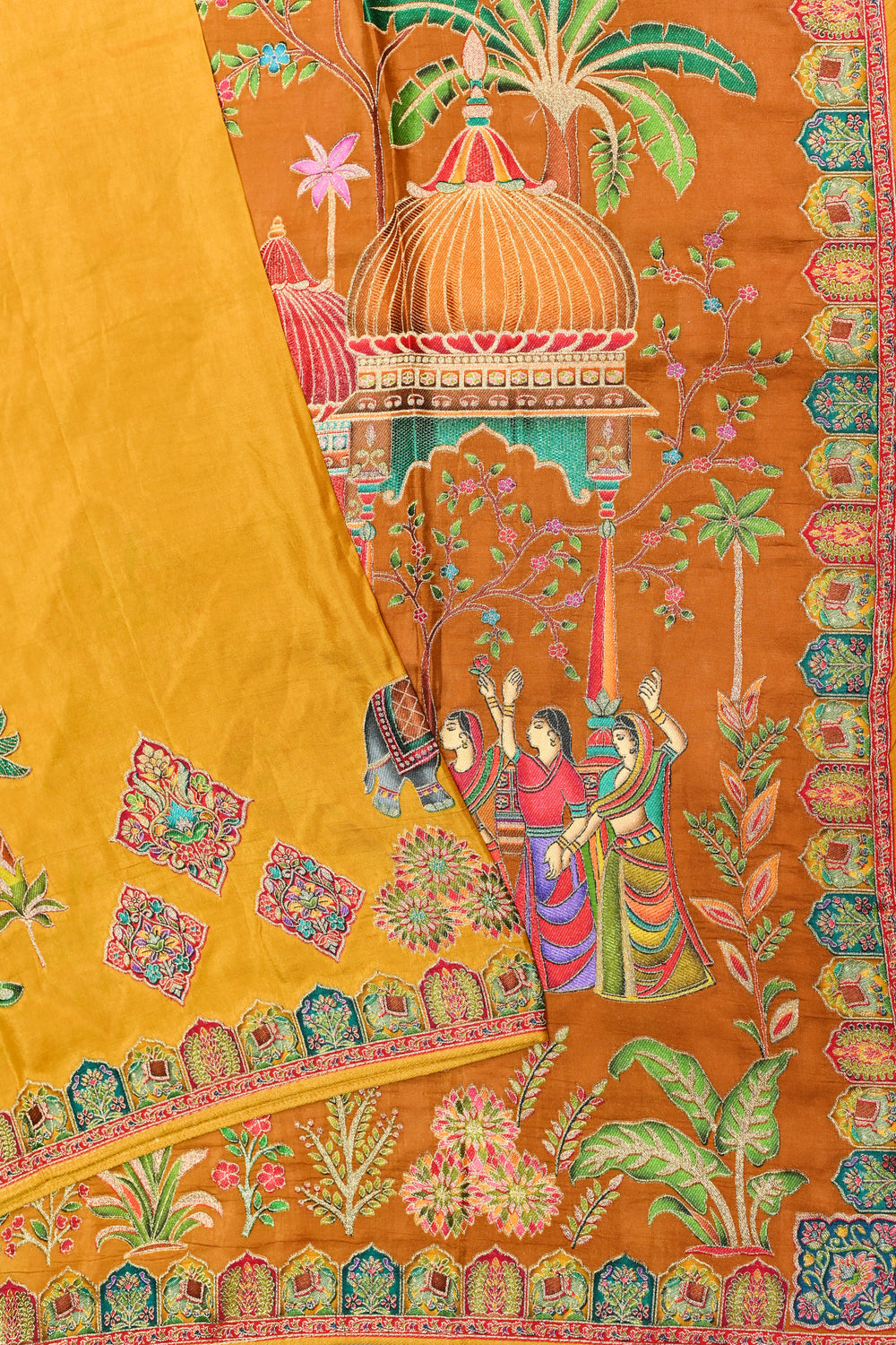 Mustard Yellow Kalamkari Moonga Silk Blended Saree