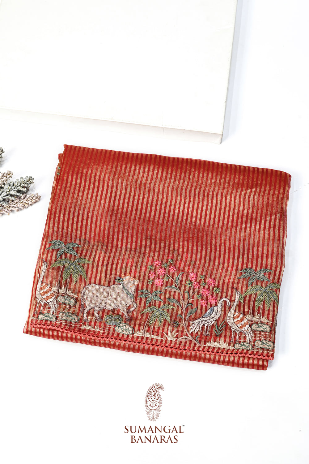 Fire Orange Resham Embroidery Tissue Silk  Handwoven Banarasi Saree
