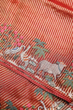 Fire Orange Resham Embroidery Tissue Silk  Handwoven Banarasi Saree