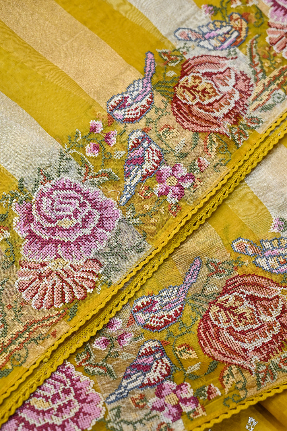 Mustrad Yellow Resham Embroidery Breezy Organza  Handwoven Banarasi Saree