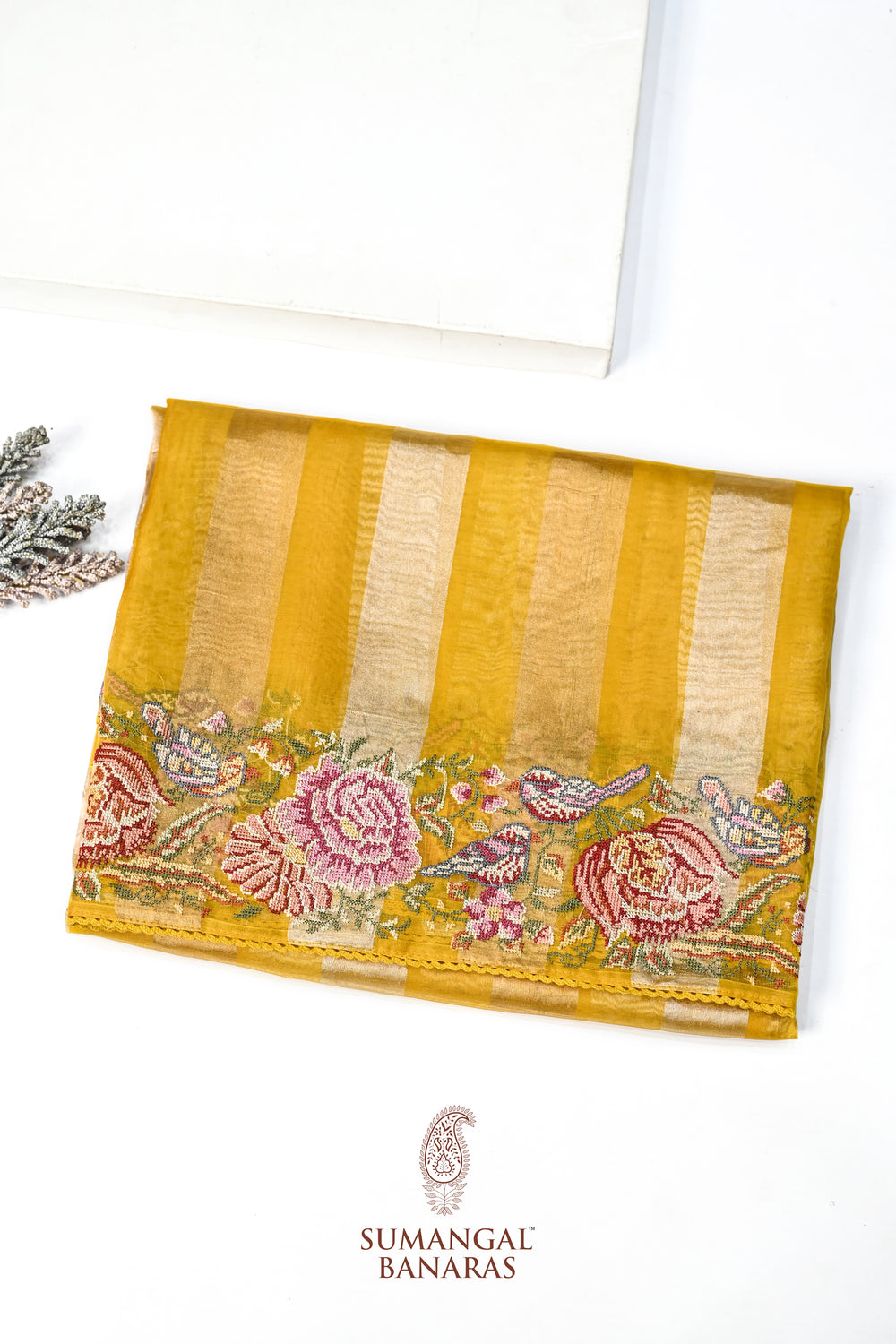 Mustrad Yellow Resham Embroidery Breezy Organza  Handwoven Banarasi Saree