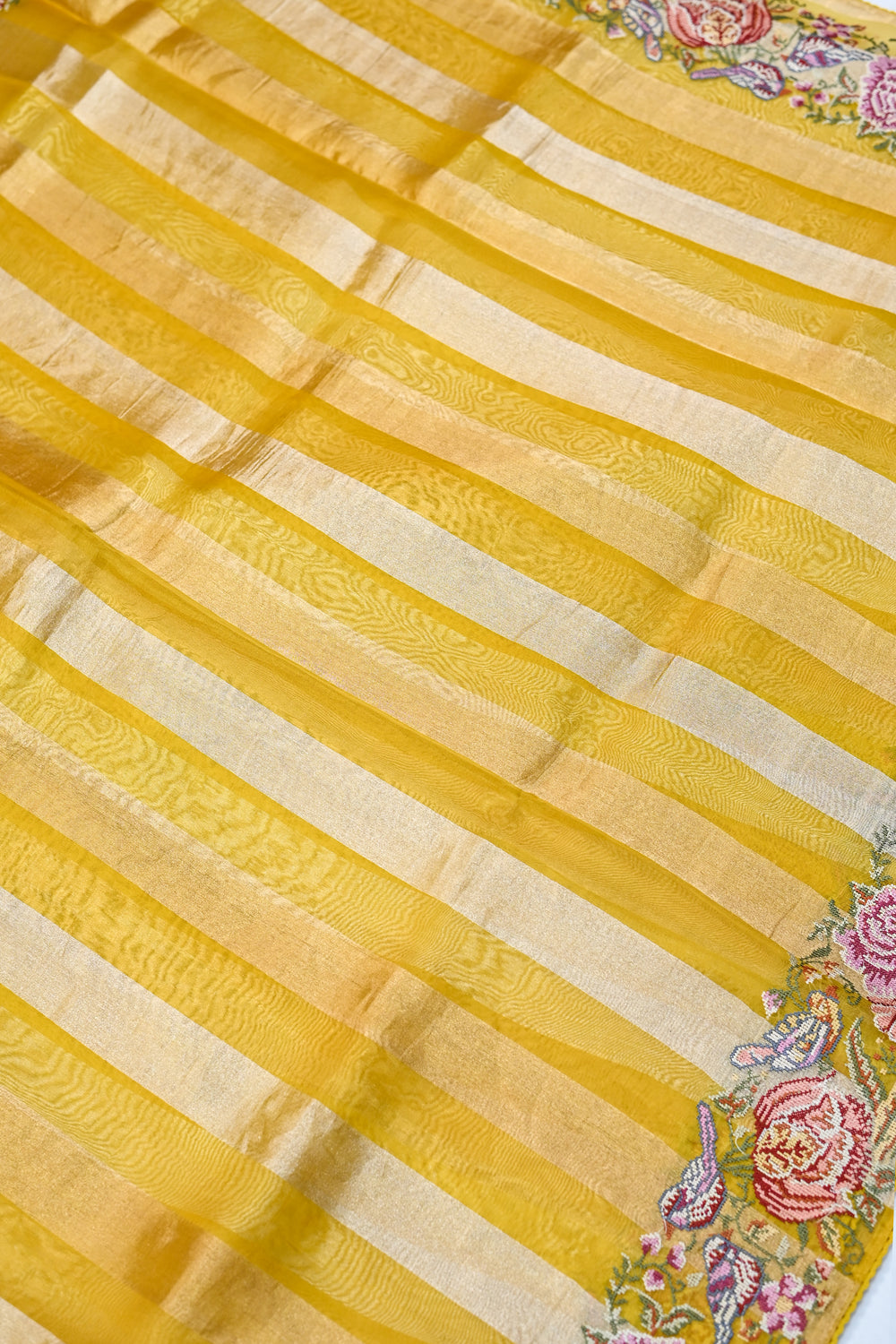 Mustrad Yellow Resham Embroidery Breezy Organza  Handwoven Banarasi Saree