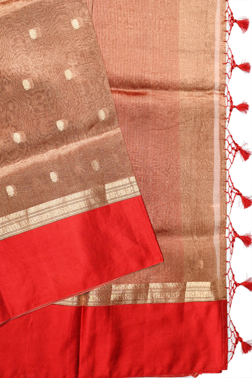 Cherry Red Booti Tissue Silk  Handwoven Banarasi Saree