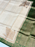 Powder White Antique Zari Tussar Silk Handwoven Banarasi Saree