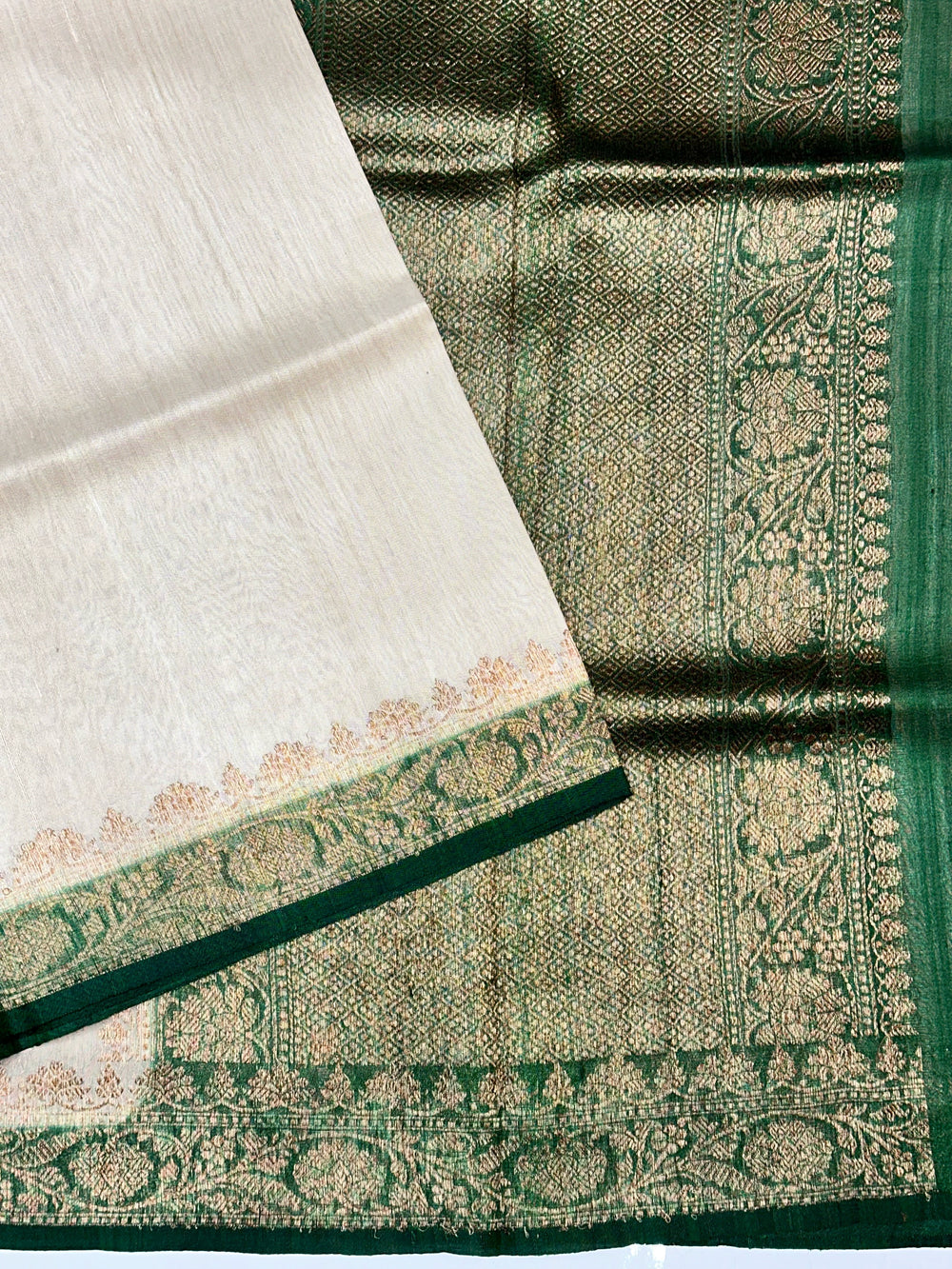 Powder White Antique Zari Tussar Silk Handwoven Banarasi Saree