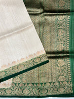Powder White Antique Zari Tussar Silk Handwoven Banarasi Saree