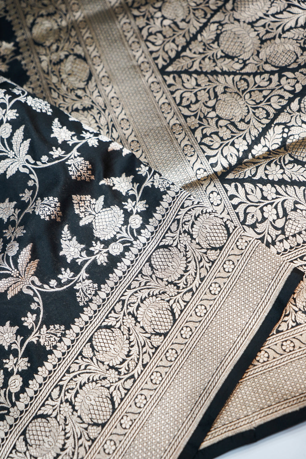 Jade Black Kalga Bel Katan Silk Handwoven Banarasi Saree