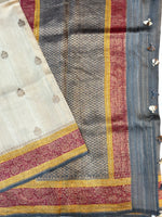 Pearl White Booti Tussar Silk Handwoven Banarasi Saree