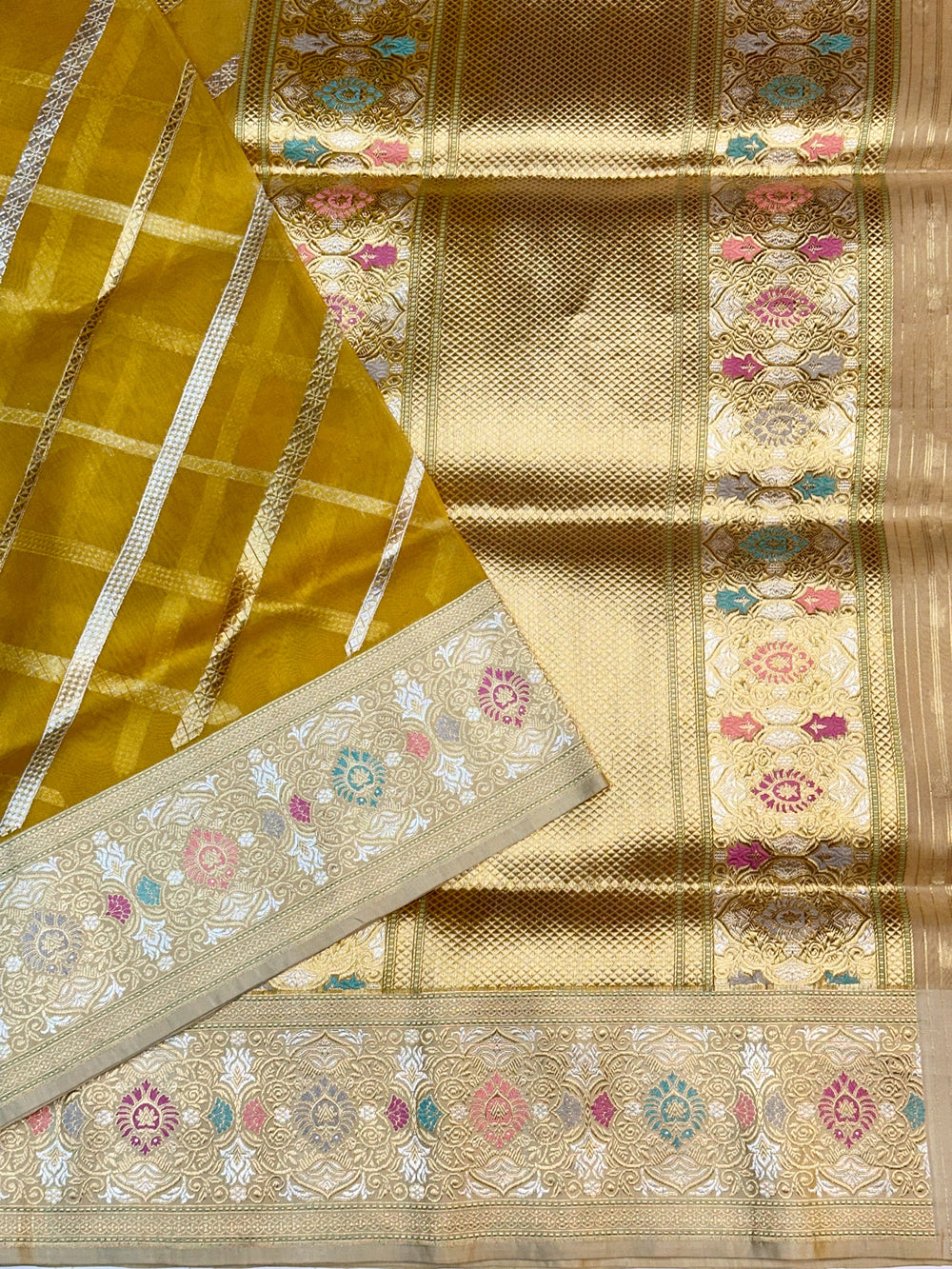 Gold Yellow Meenakari Kora Silk Handwoven Banarasi Saree