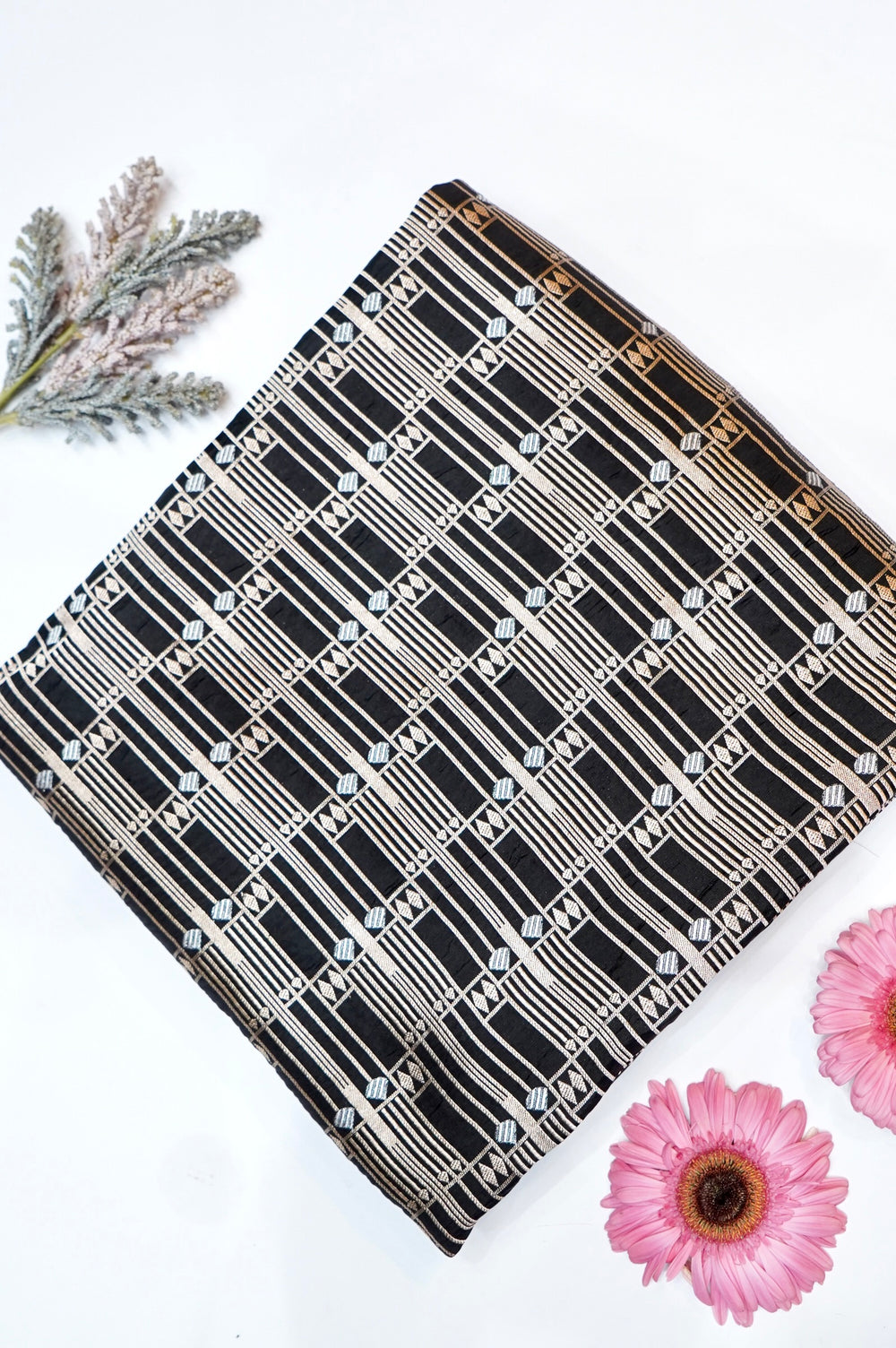 Jade Black Geometric Katan Silk Handwoven Banarasi Thaan