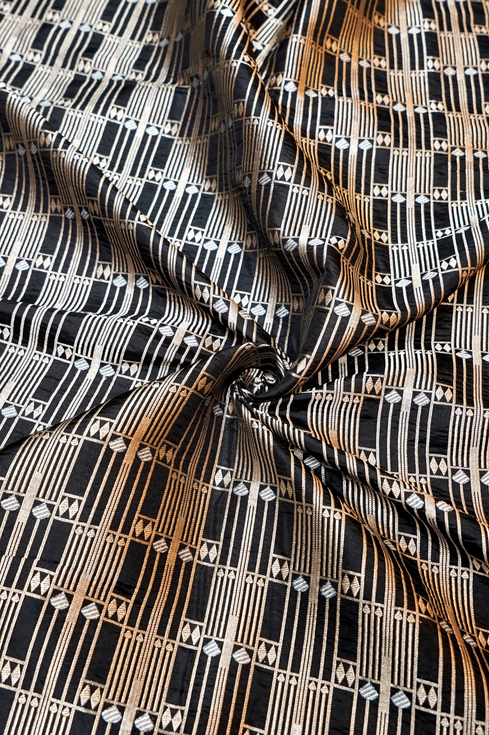 Jade Black Geometric Katan Silk Handwoven Banarasi Thaan