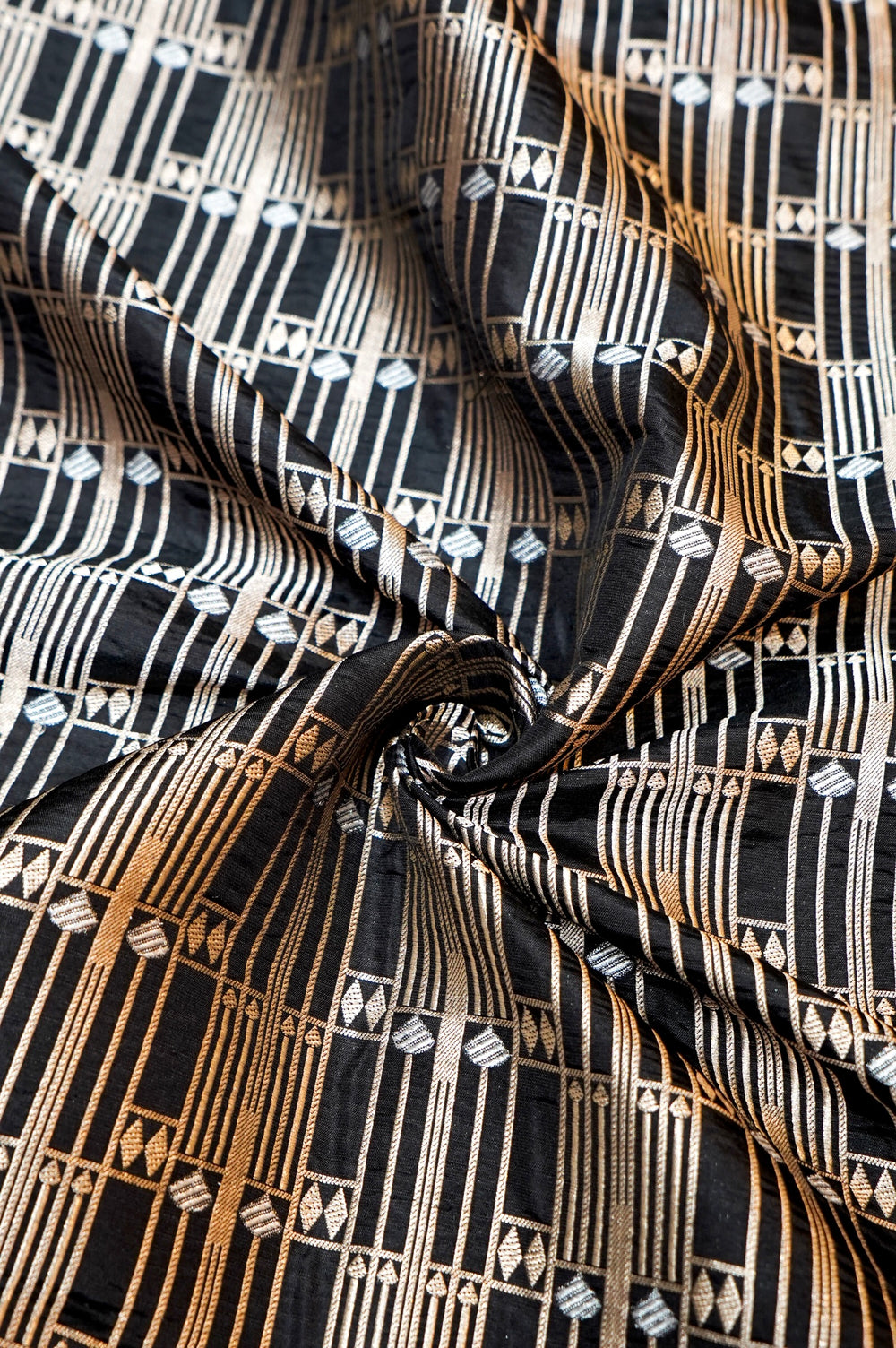 Jade Black Geometric Katan Silk Handwoven Banarasi Thaan