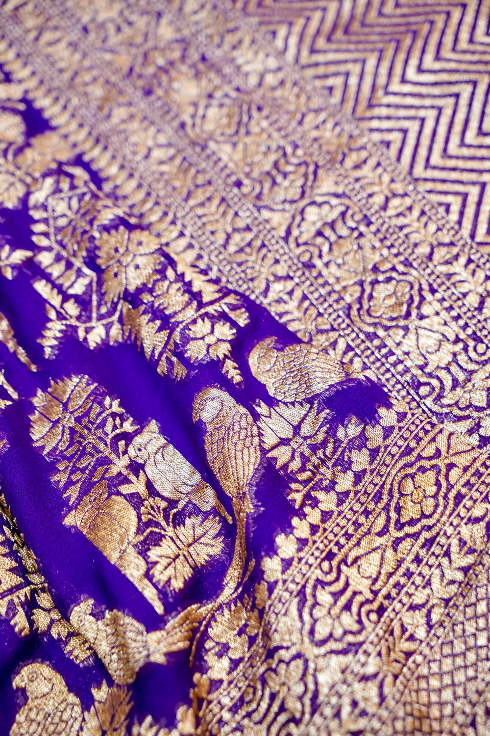 Violet Purple Antique Zari Crepe  Handwoven Banarasi Saree