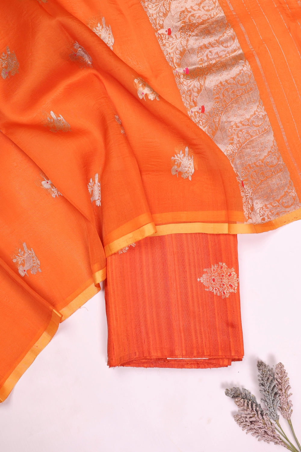 Handwoven Orange Banarasi Banarasi Tusser Silk Suit