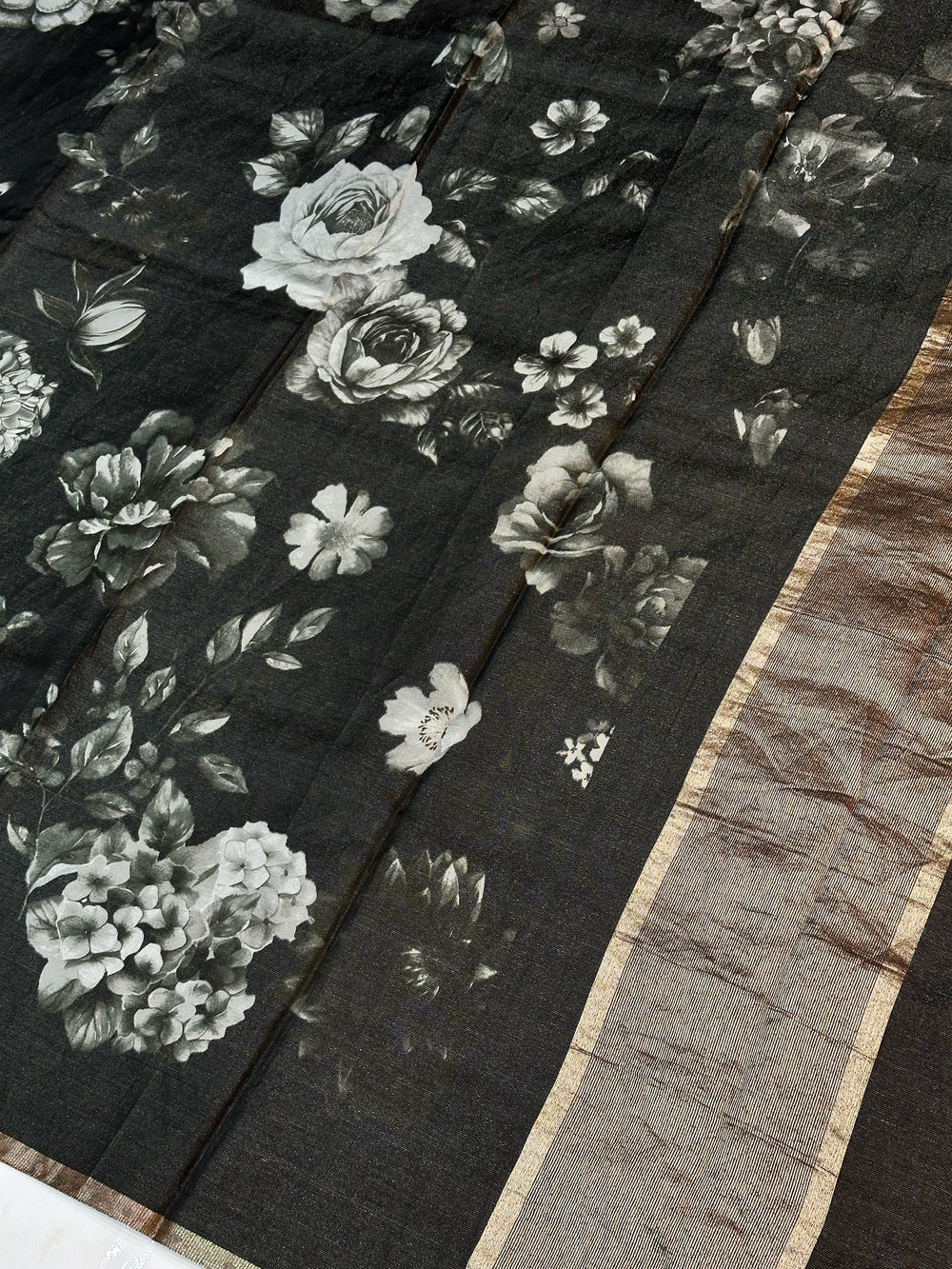 Metal Black Floral Katan Tissue Handwoven Banarasi Saree
