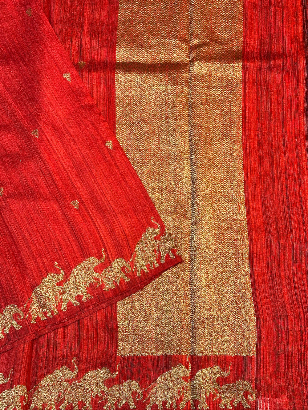 Crimson Red Motif Tussar Silk Handwoven Banarasi Saree