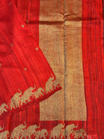 Crimson Red Motif Tussar Silk Handwoven Banarasi Saree