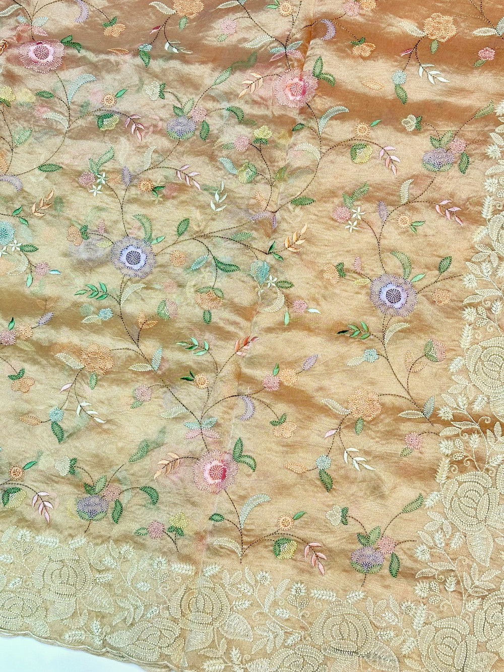 Linen White Resham Embroidery Breezy Organza  Handwoven Banarasi Saree
