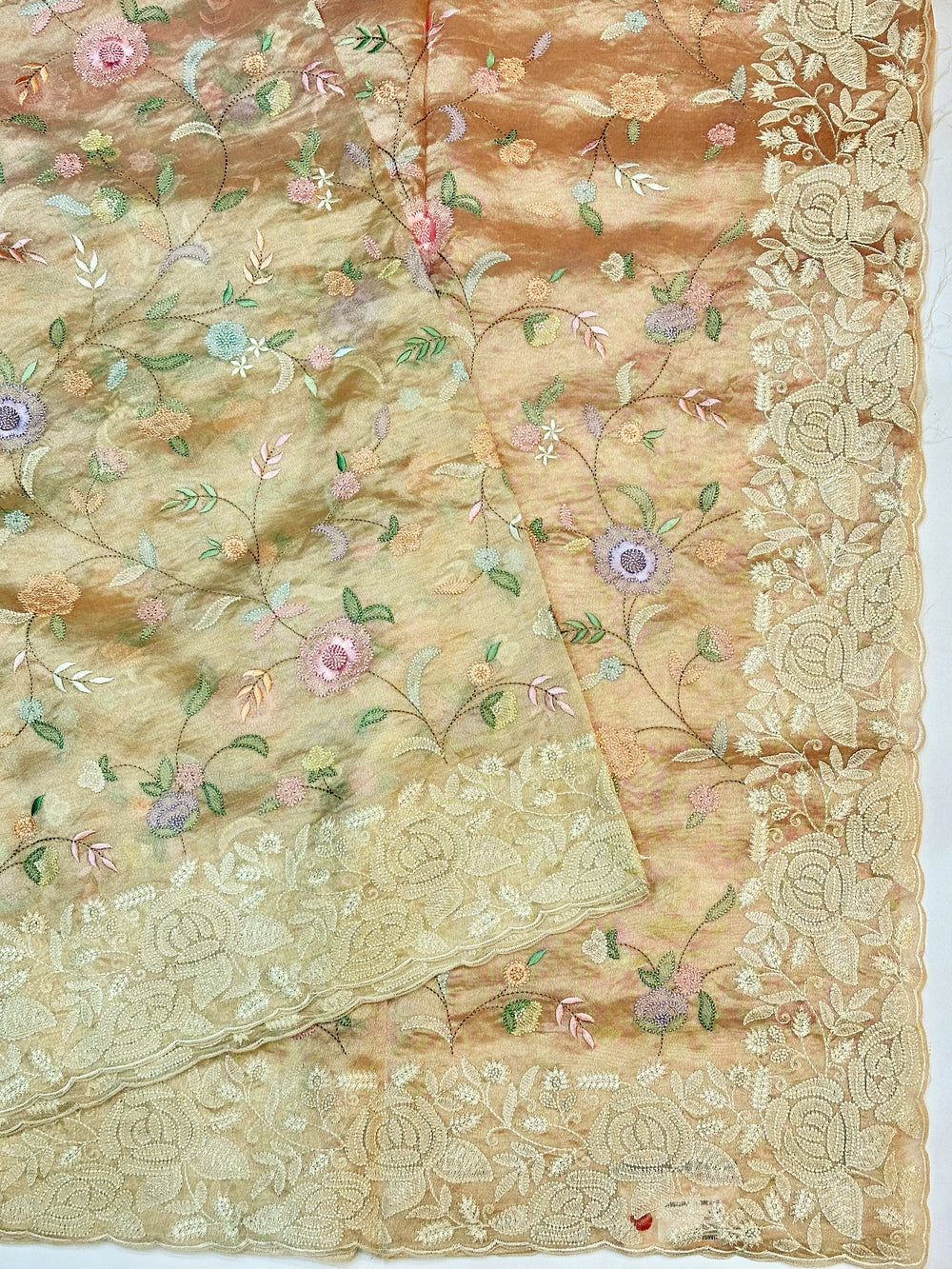 Linen White Resham Embroidery Breezy Organza  Handwoven Banarasi Saree