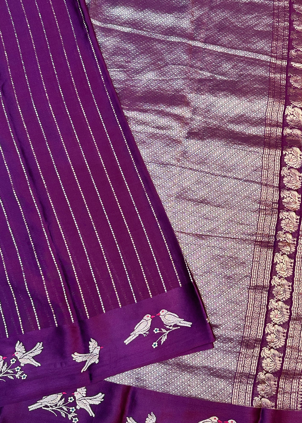 Boysenberry Purple Stripe Crepe  Handwoven Banarasi Saree