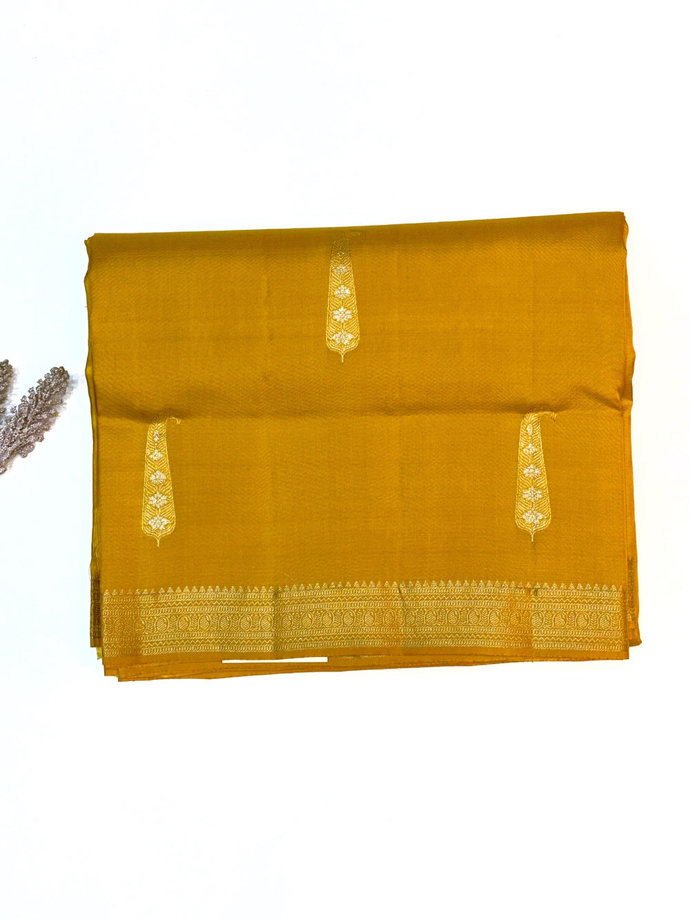 Mustard Yellow Motif Katan Silk Handwoven Banarasi Saree