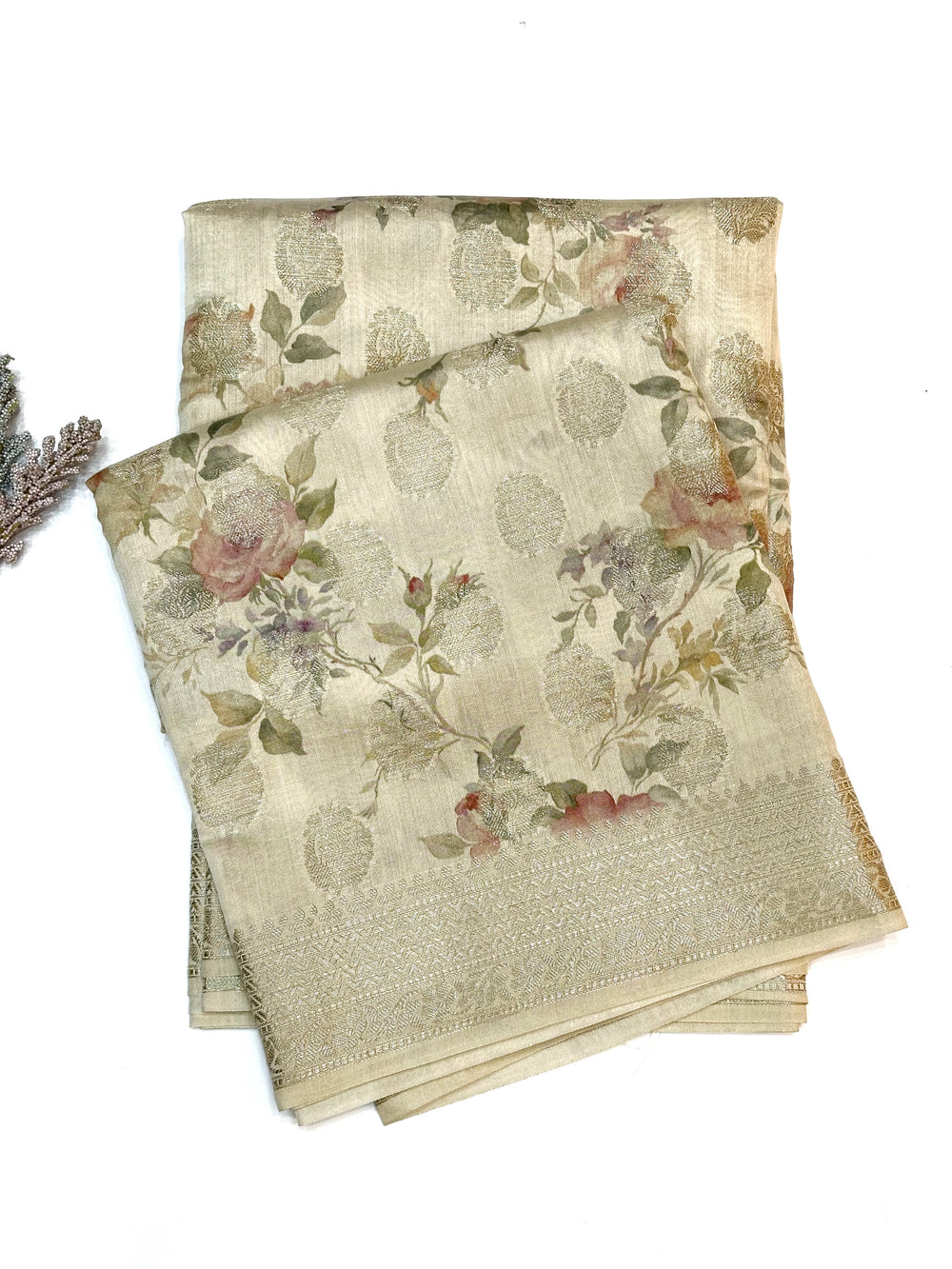 Oyster Tan Booti Soft Silk  Handwoven Banarasi Saree