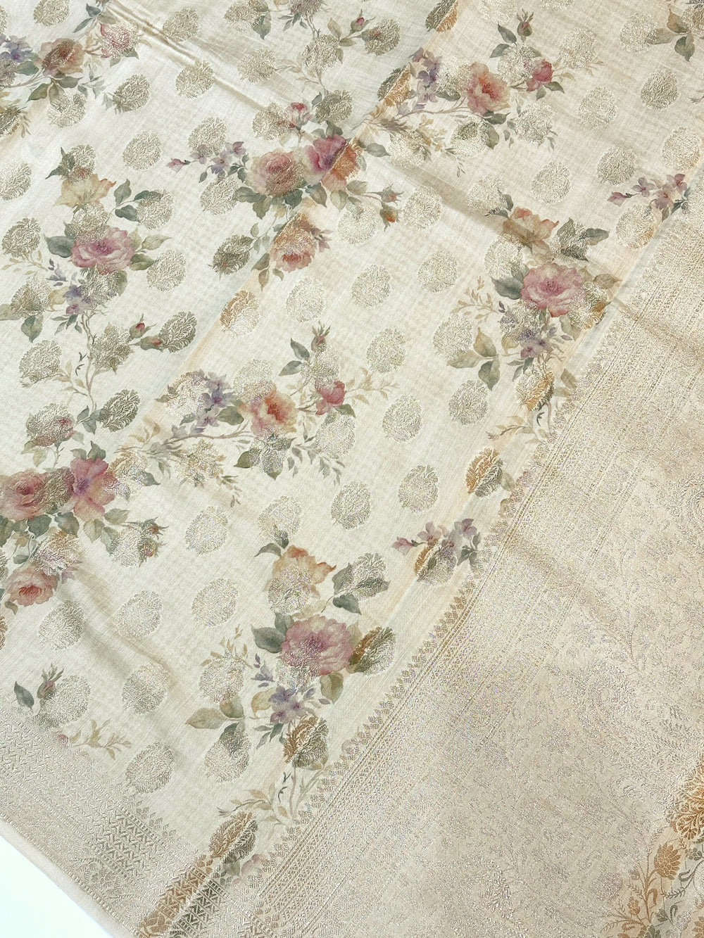 Oyster Tan Booti Soft Silk  Handwoven Banarasi Saree