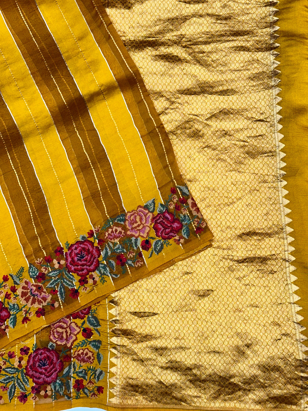 Gold Yellow Stripe Breezy Organza  Handwoven Banarasi Saree