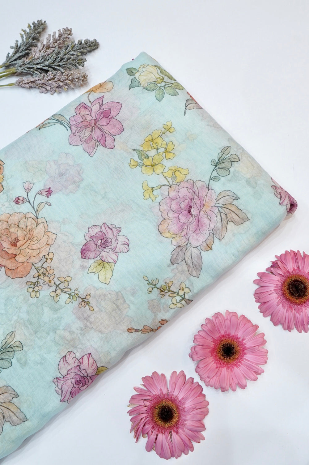 Arctic Blue Floral Moonga Silk Blended Thaan