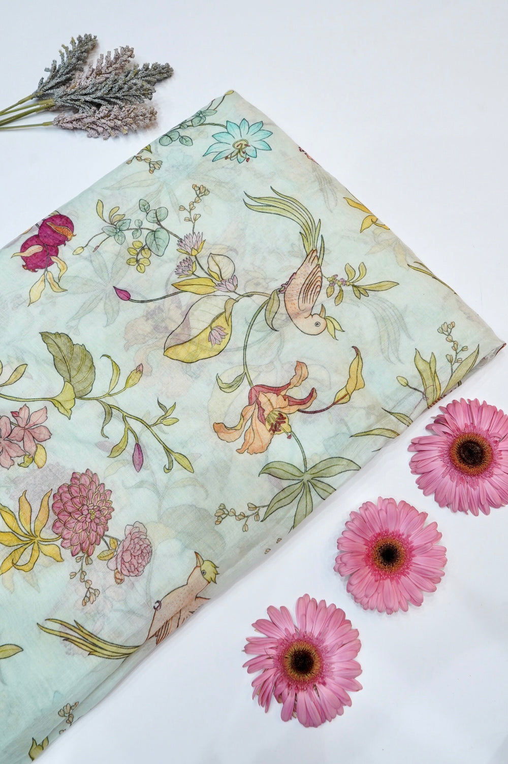 Mint Green Floral Moonga Silk Blended Thaan
