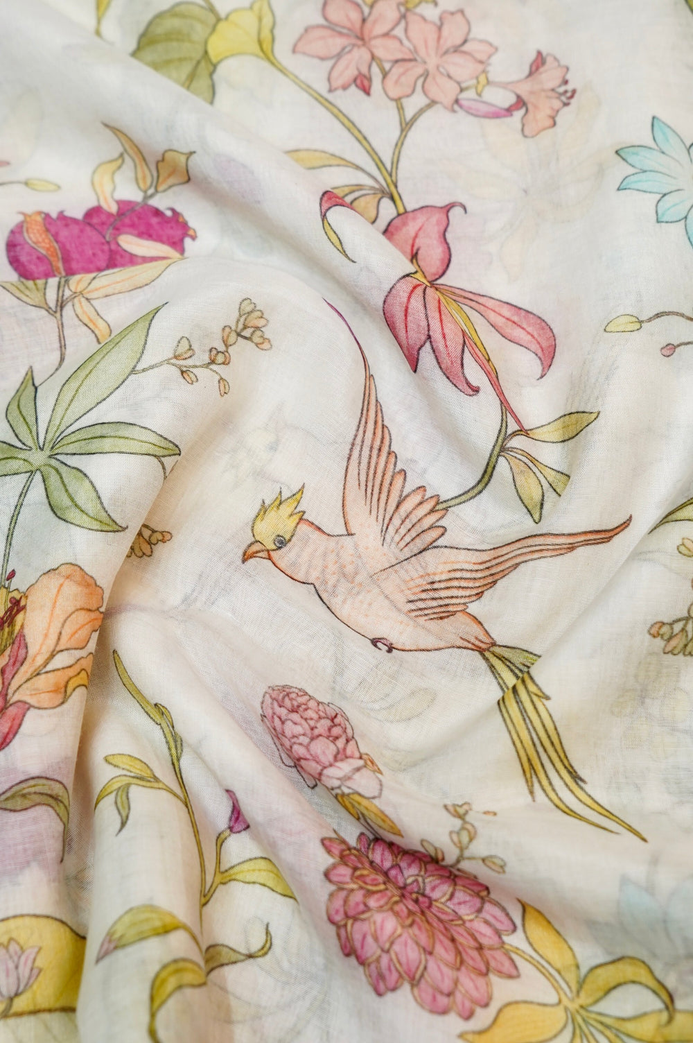 Cream White Floral Moonga Silk Blended Thaan