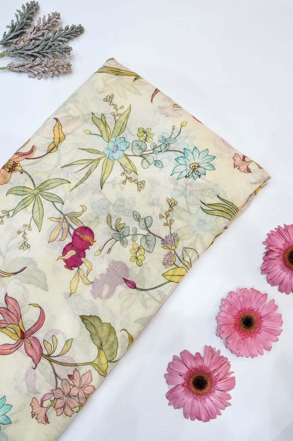 Cream White Floral Moonga Silk Blended Thaan