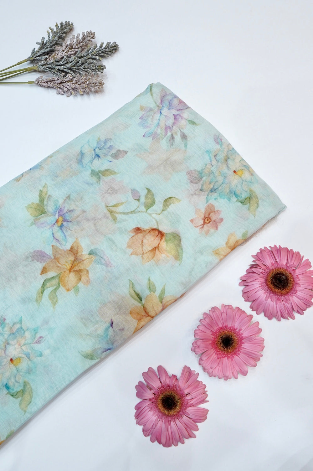 Arctic Blue Floral Moonga Silk  Fabric Thaan