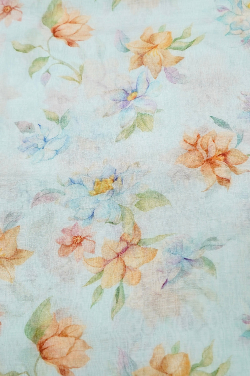 Arctic Blue Floral Moonga Silk  Fabric Thaan