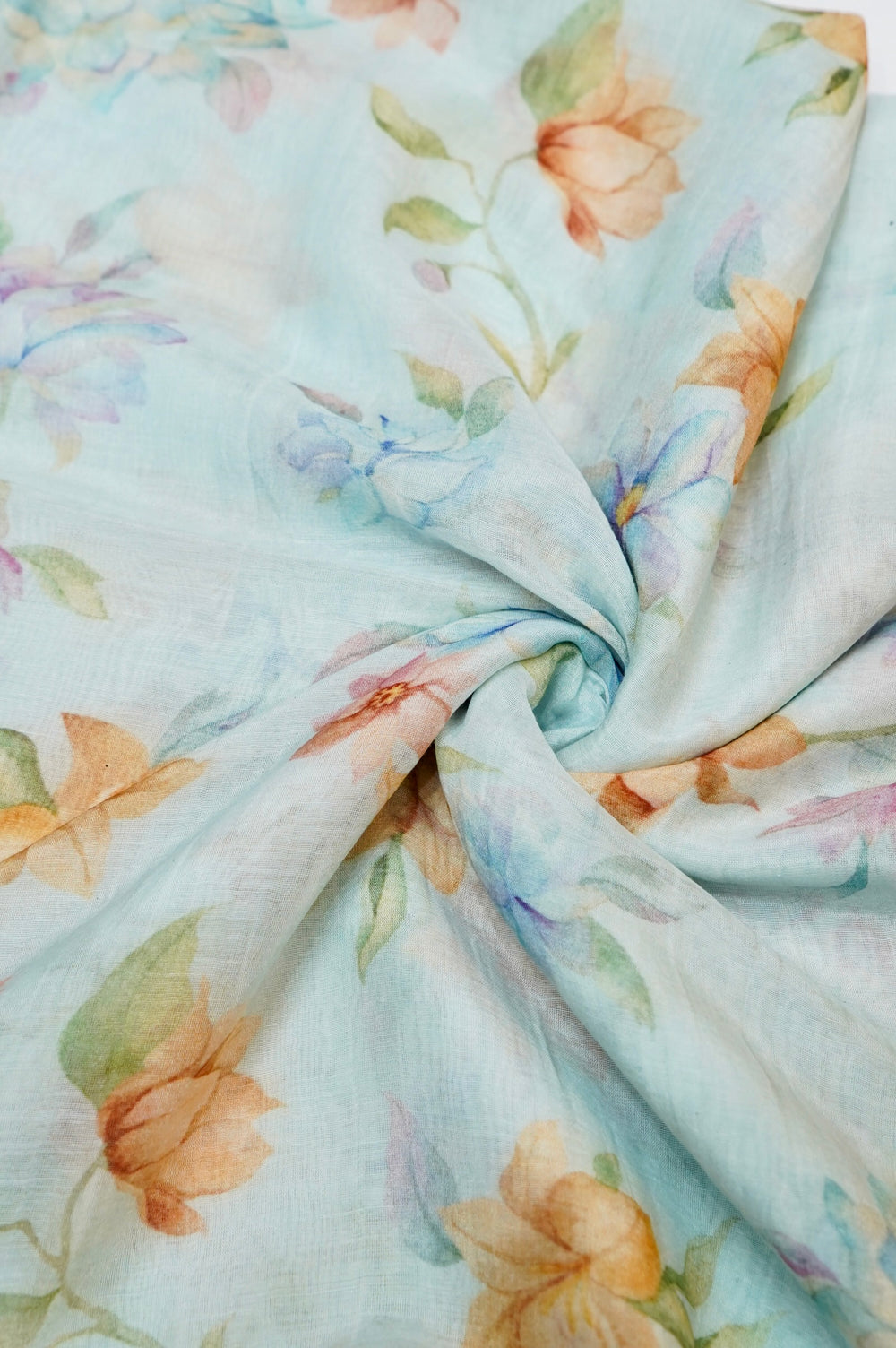 Arctic Blue Floral Moonga Silk  Fabric Thaan