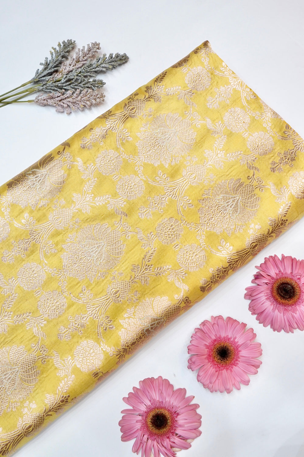Butter Yellow Jangla Katan Silk Handwoven Banarasi Thaan