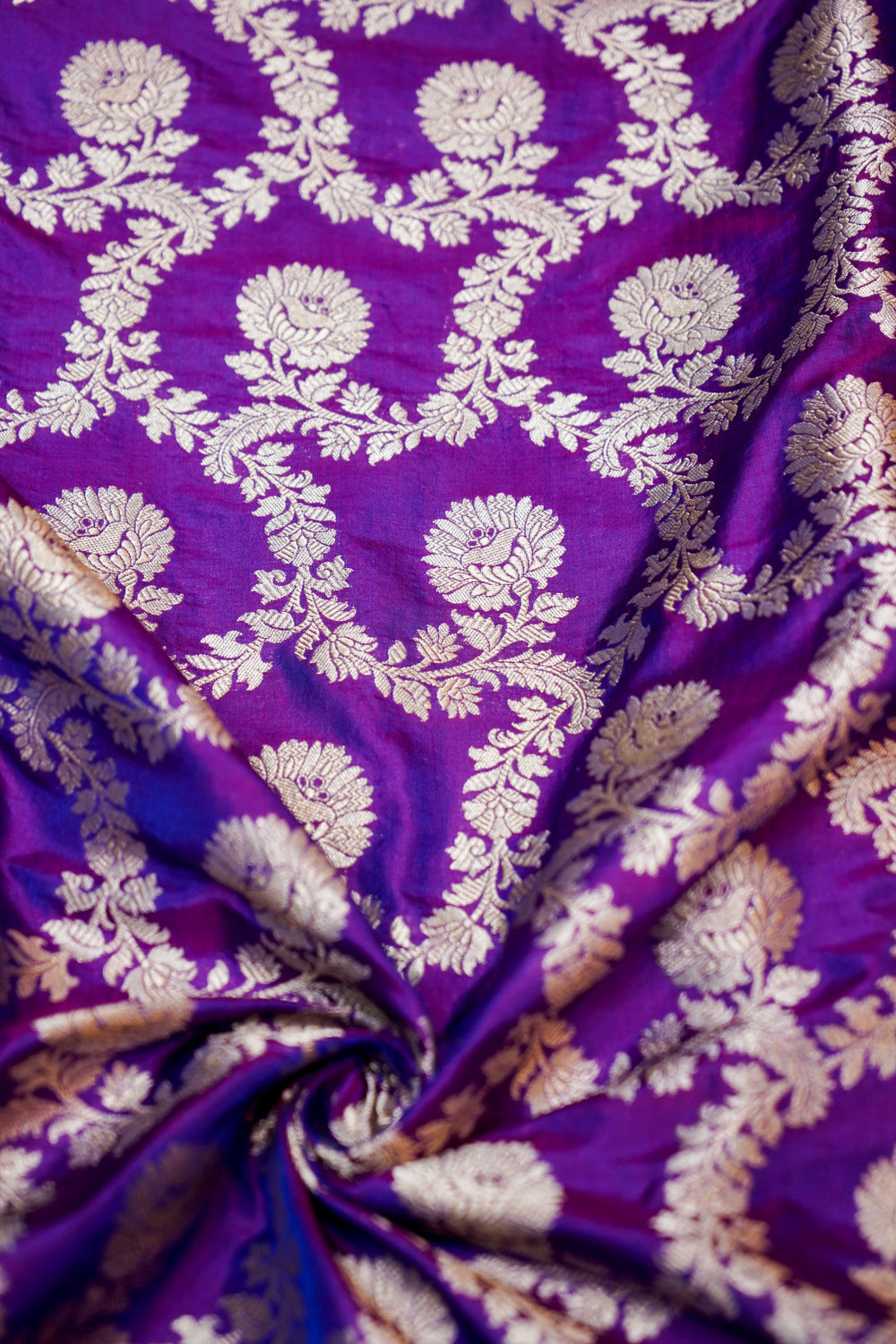 Violet Purple Jaal Katan Silk Handwoven Banarasi Thaan