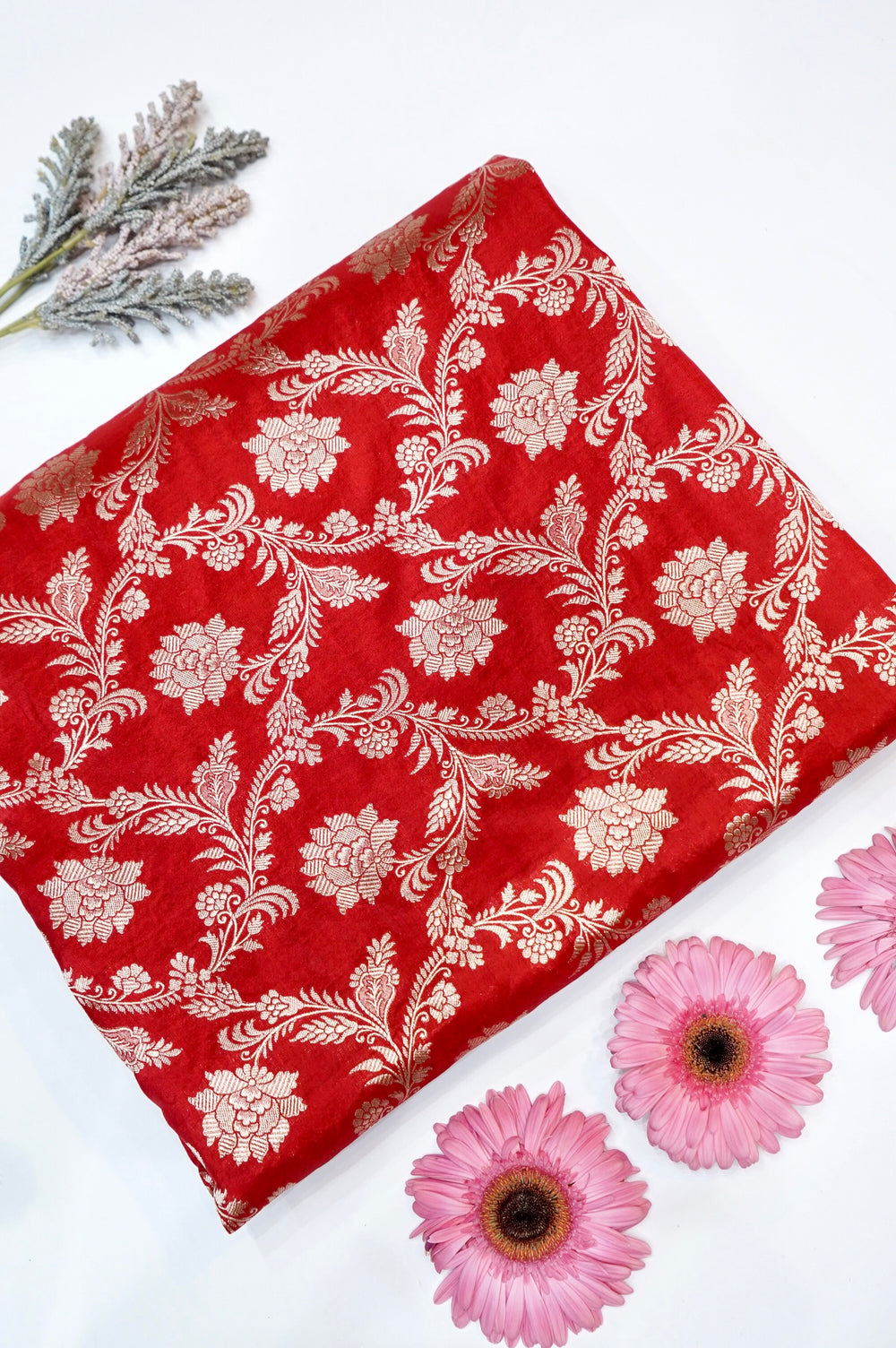 Rose Red Jaal Katan Silk Handwoven Banarasi Thaan