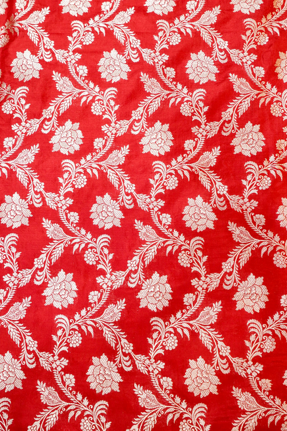 Rose Red Jaal Katan Silk Handwoven Banarasi Thaan